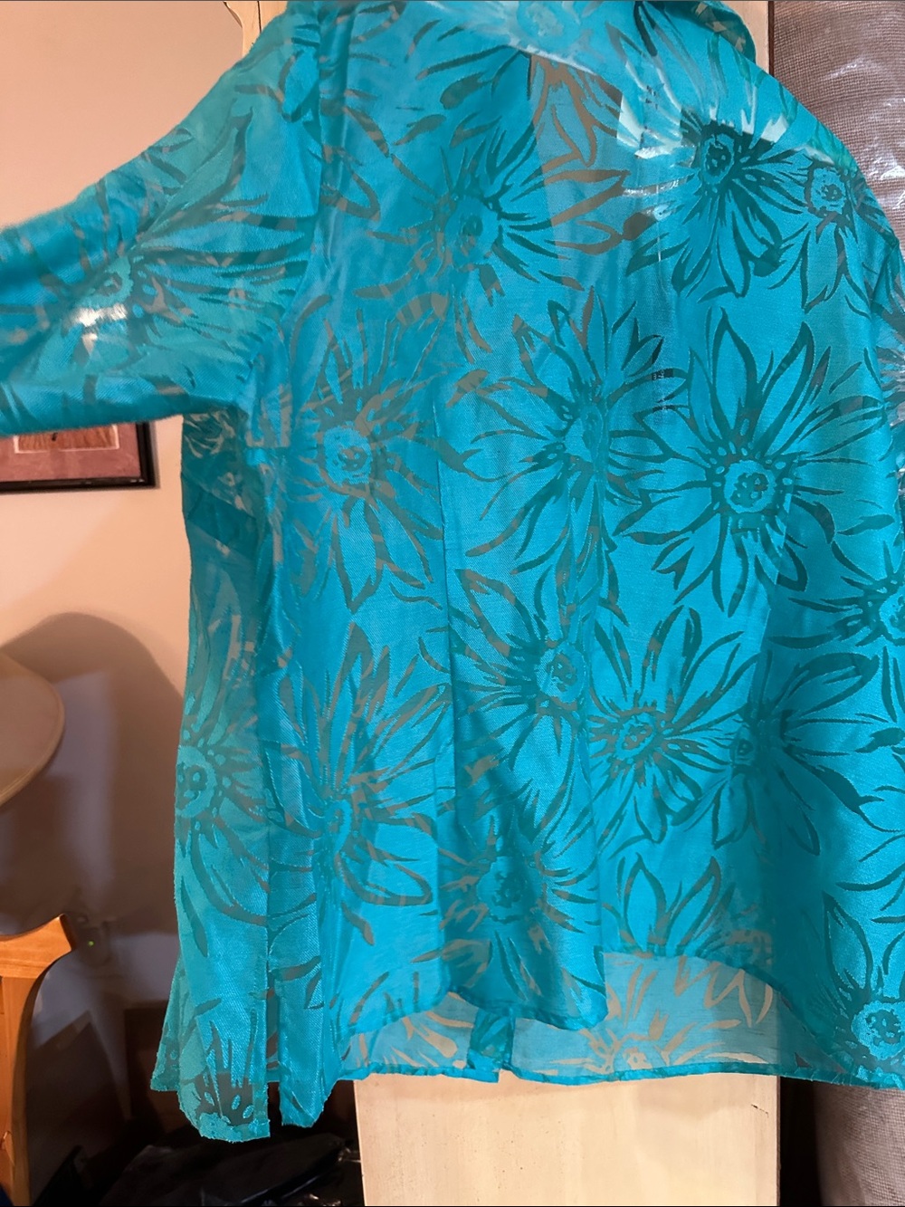 Saint Tropez West Teal Floral Sheer Button-Down Shirt - Picture 3 of 3